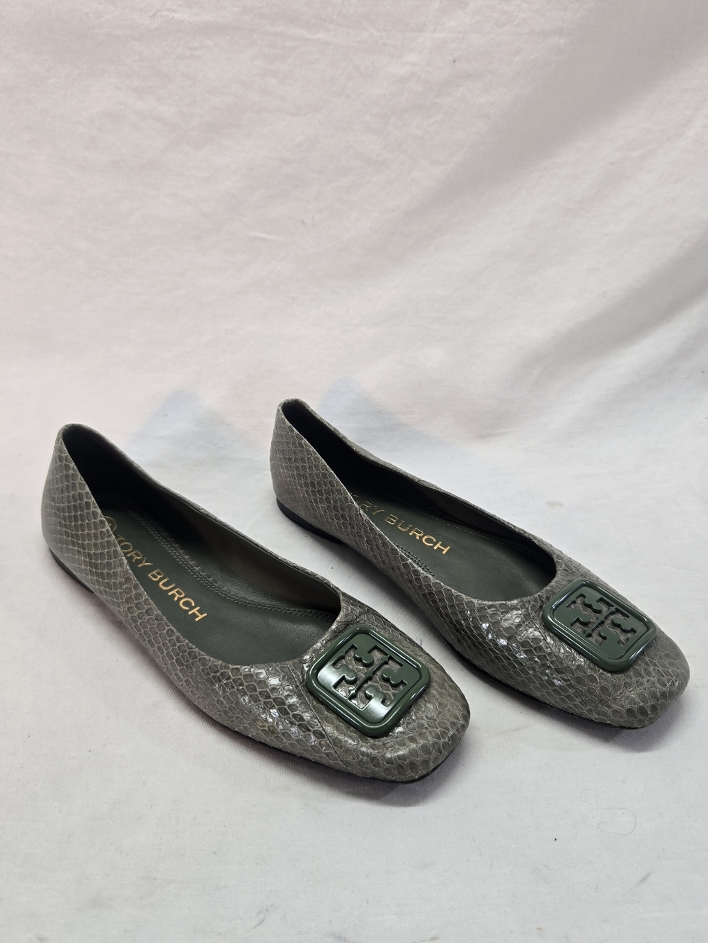 TORY BURCH Women's 8M Green Georgia Square-toe Shiny Snake Ballet Flats Shoes
